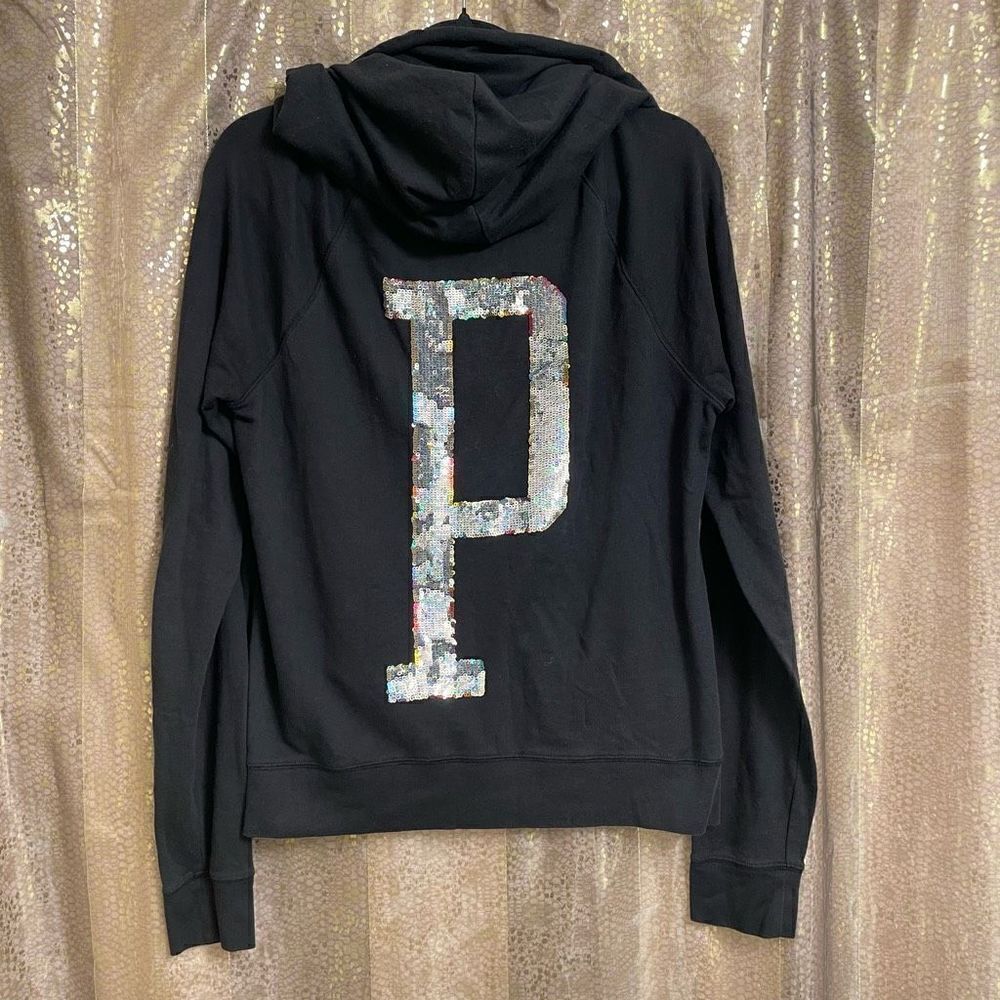 PINK Victorias Secret RARE Black Holographic Rainbow Sequin P Zip Sweater, Large